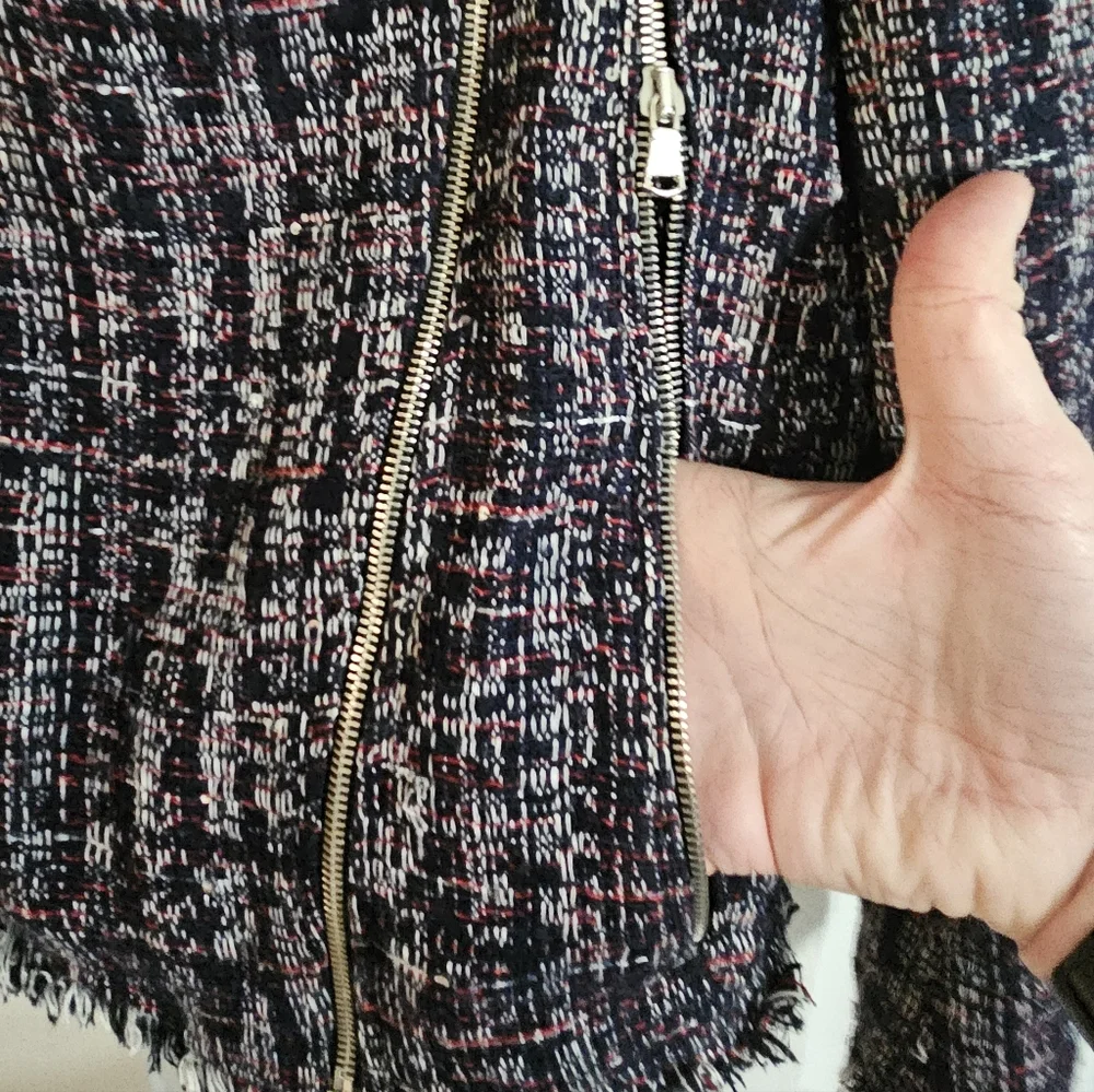 Zara Basic Navy Tweed Moto Jacket M Chanel-Inspired Raw Fringe Investment Piece - Picture 5 of 8